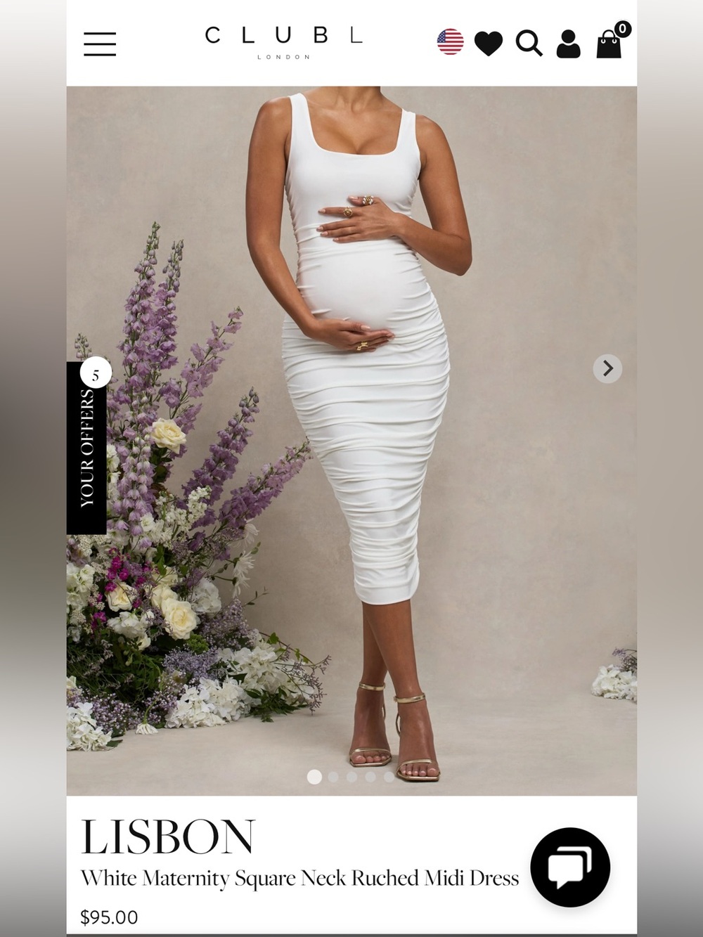 Club L London White Maternity Square Neck Ruched Midi Dress